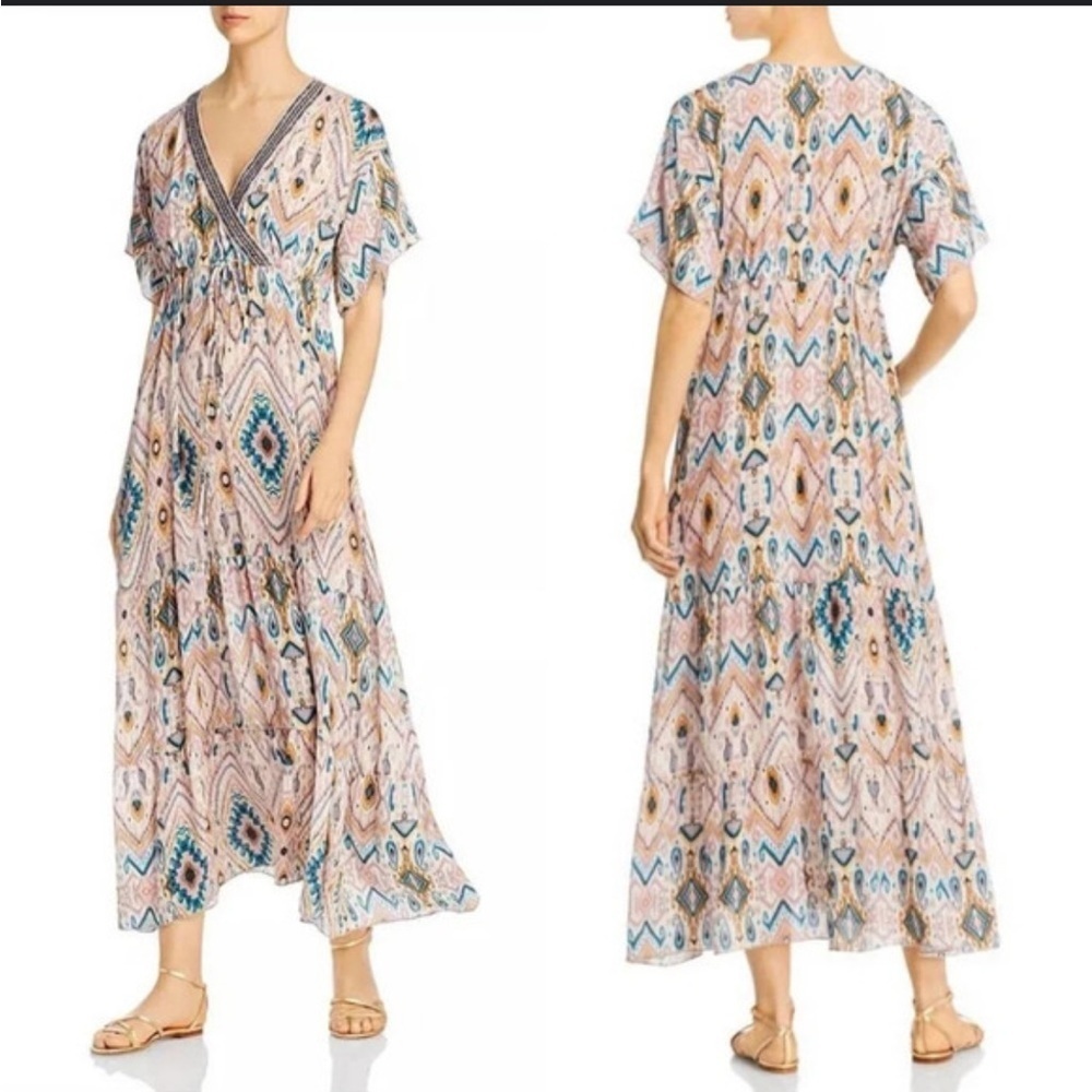 Johnny Was Jade Alona Mauve Ikat Silk Tiered Maxi Dress Boho Resort Size Medium